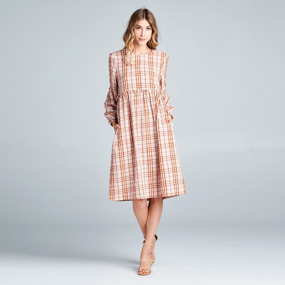 Plaid Ruffle Accent Long Sleeve Dress